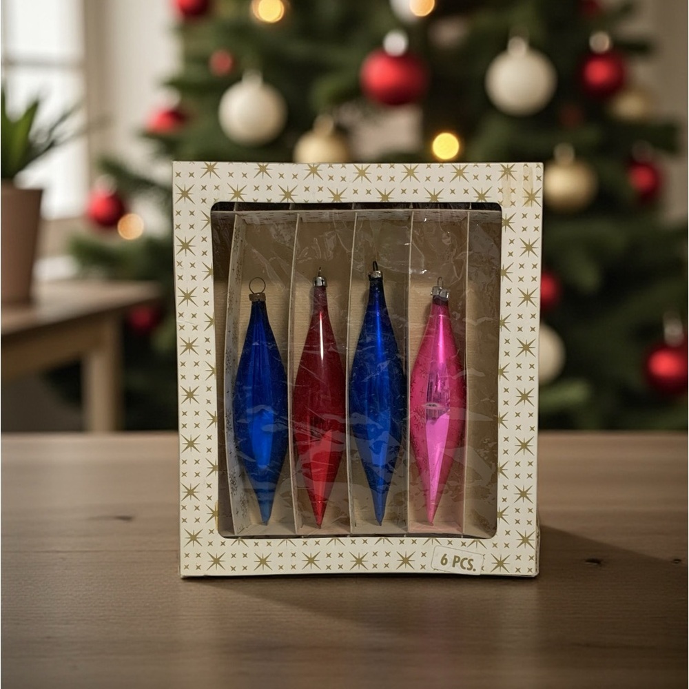 Set of 4 Vintage 60’s Oblong Mercury Glass Christmas Ornaments